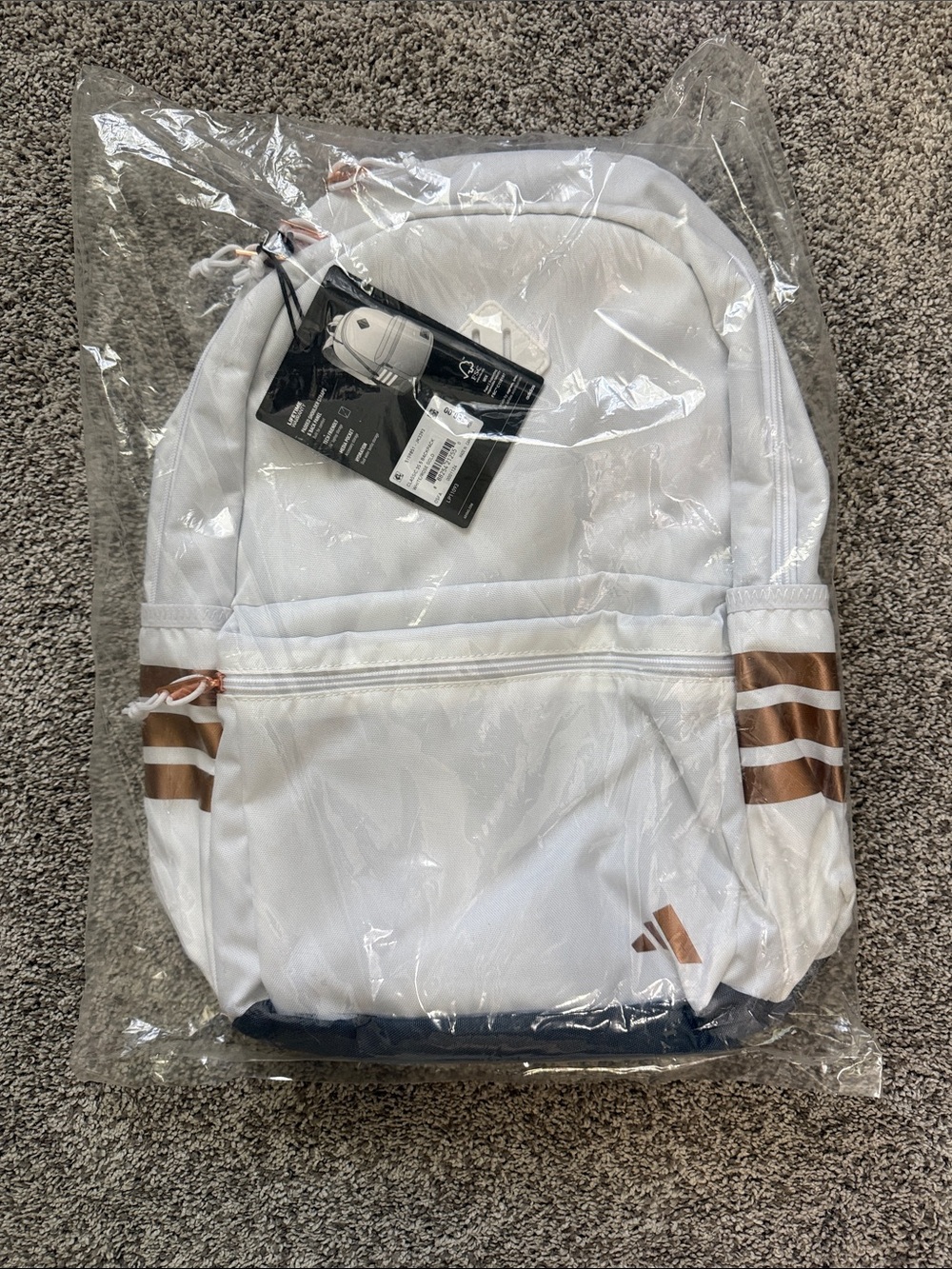 Adidas 3 Stripe White Backpack with Rose Gold Accents
